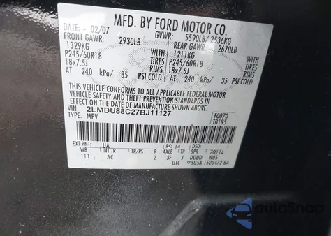 2007 Lincoln Mkx z USA, uszkodzony, nr VIN 2LMDU88C27BJ11127